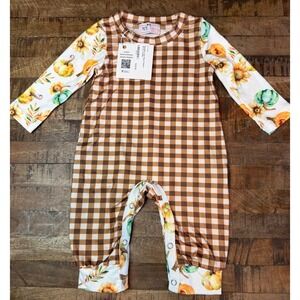 Pete Lucy Pumpkin Love Boys Romper Gingham Floral Brown 0-3 Months NWT